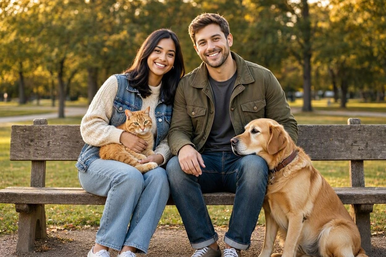 Couple sitting on a park bench with a golden dog and a ginger tabby cat